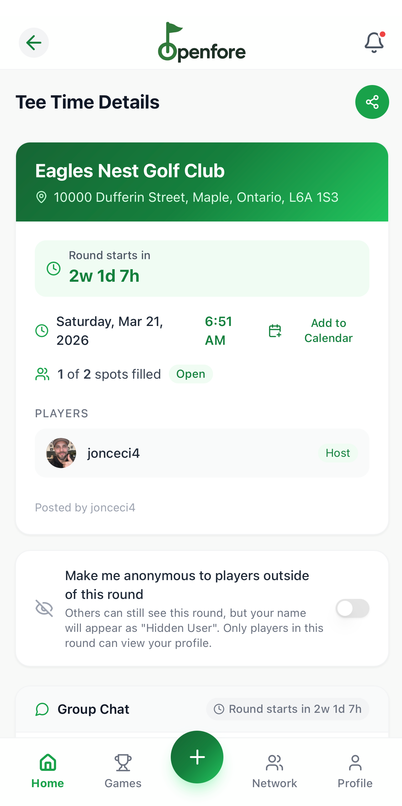 Openfore tee time detail screenshot