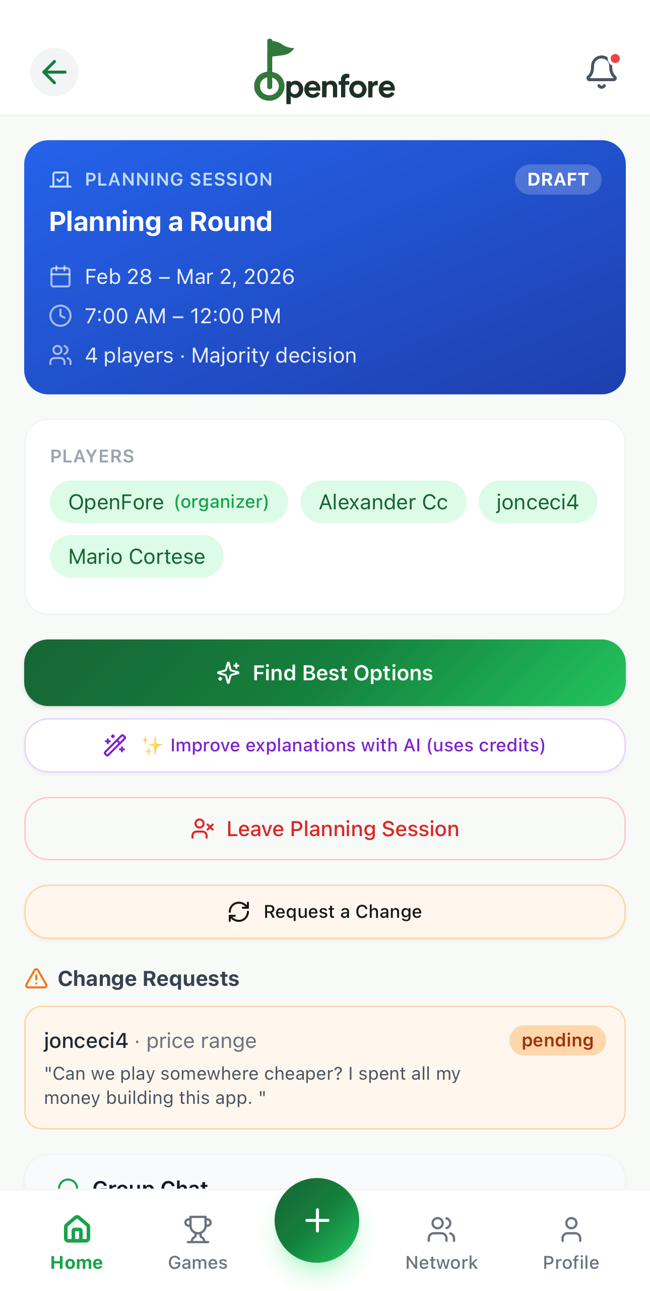 Openfore planner or profile screenshot